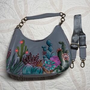 Anuschka Hobo Bag Gray Hand Painted Cactus Leather Crossbody Women Large Boho